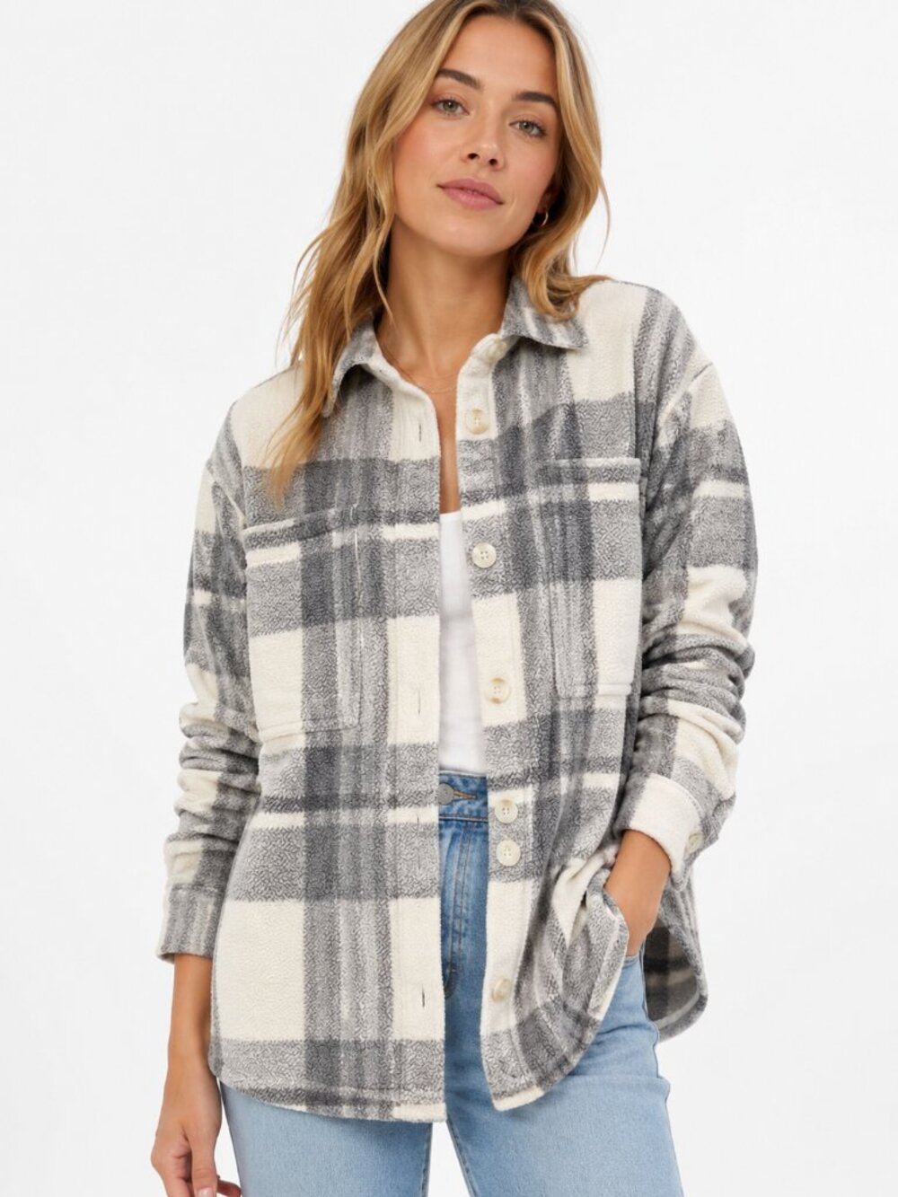 American Eagle Plaid Brushed Flannel Shirt Jacket Shacket Gray White XS